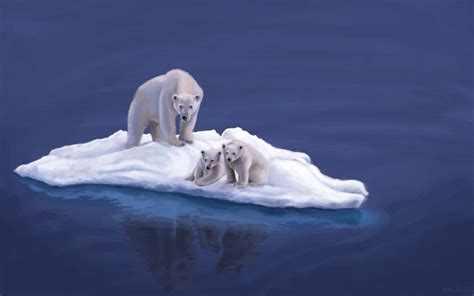 A Polar Bear And Two Cubs On The Ice Island