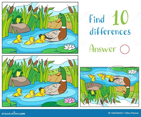 Mother Duck And Ducklings With Frog On A Pond Find 10 Differences