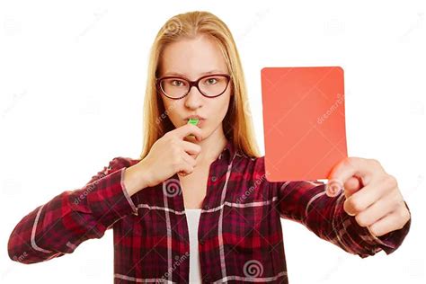 Woman With Whistle Showing A Red Card Stock Photo Image Of Admonish