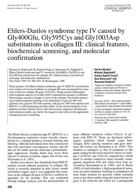 PDF Ehlers Danlos Syndrome Type IV Caused By Gly400Glu Gly595Cys And