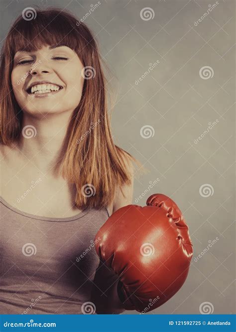Happy Smiling Woman Wearing Boxing Gloves Stock Image Image Of