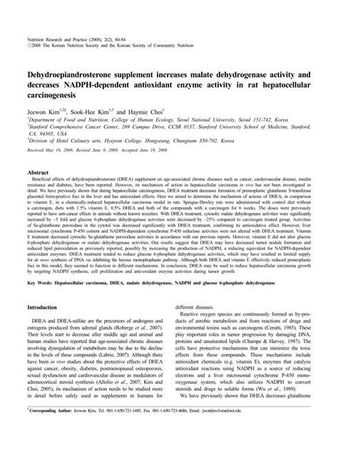 Pdf Dehydroepiandrosterone Supplement Increases Malate Dehydrogenase Activity And Decreases