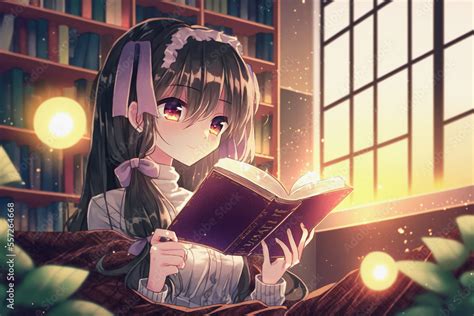 Ai Generated Illustration Of A Young Anime Girl Reading A Book In A