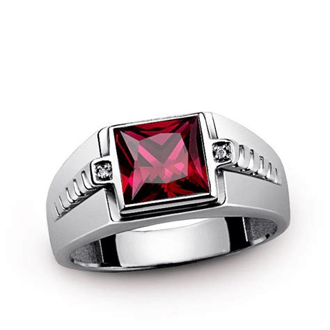 Mens Gemstone Ring With Red Ruby And Natural Diamonds In 925 Sterling