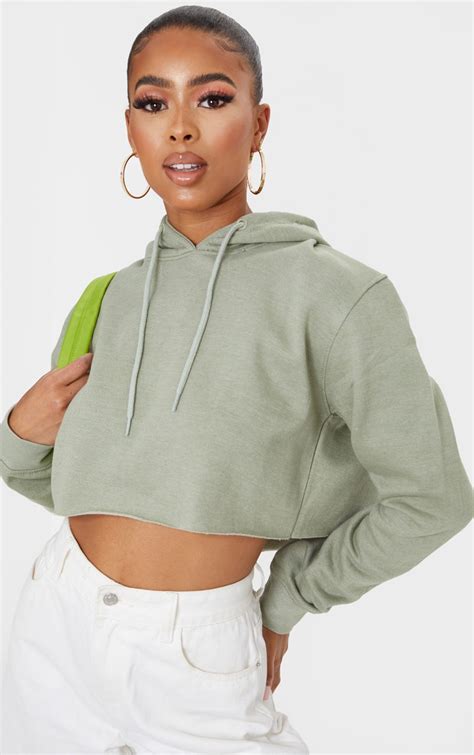 Sage Green Cropped Hoodie Tops Prettylittlething