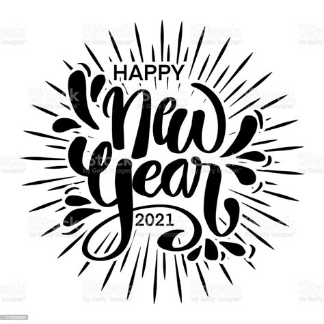 Happy 2021 New Year Hand Lettering With Sunburst Stock Illustration