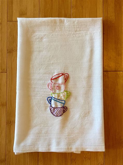 Tea Cups Embroidered Dish Towel Decorated Tea Rag Hand Stitched
