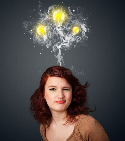 Young Woman Thinking Lightbulb Above Her Head Stock Illustrations 4