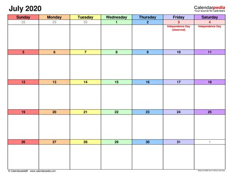 July 2020 Calendar Templates For Word Excel And Pdf