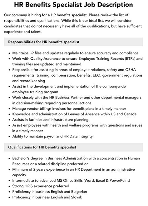 Hr Benefits Specialist Job Description Velvet Jobs