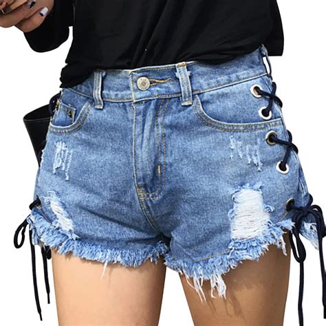 Vintage Ripped Hole Fringe Blue Denim Shorts Women Casual Pocket