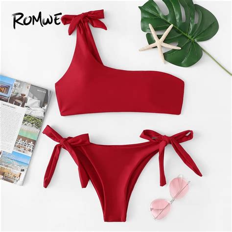 Romwe Sport Red Tied Knot One Shoulder Top With Tied Side Swim Bottoms Bikinis Set Women Summer