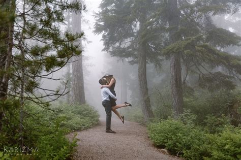 Couple In The Forest In The Dense Fog Foggy Rainy Engagement Session