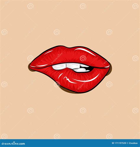 Bite Sexy Lips Drawing Red Lips Biting Retro Icon Isolated On Skin Color Background Vector