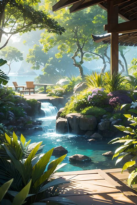 A close up of a small waterfall in a garden with a bench - SeaArt AI