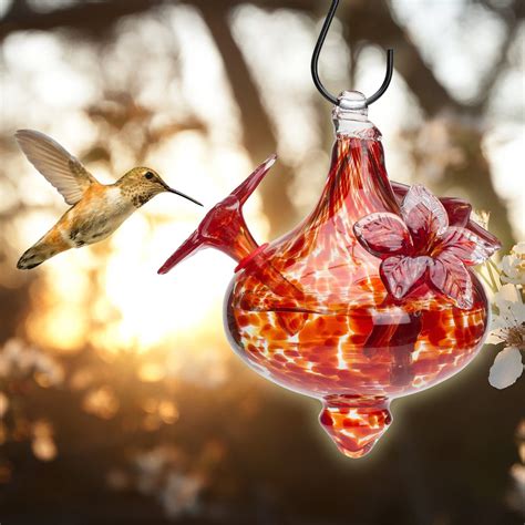 Blown Glass Hummingbird Feeder Red Bouquet Cap With Red Flowers Best Home Products