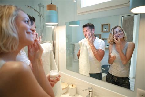 Reflection Couple Touching Face In Bathroom Stock Image Image Of