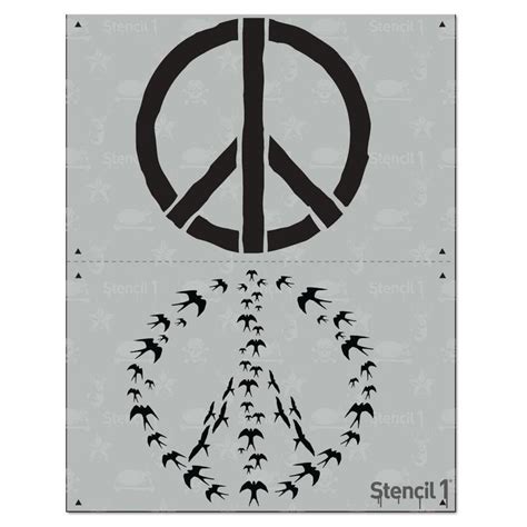 A Peace Sign With Birds Flying In Front Of It And The Word Stencil