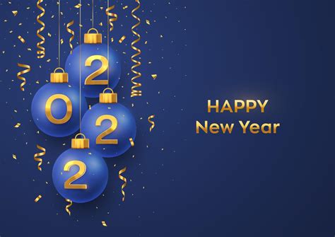 Frohes neues Jahr 2022 Hängende blaue Weihnachtskugeln mit