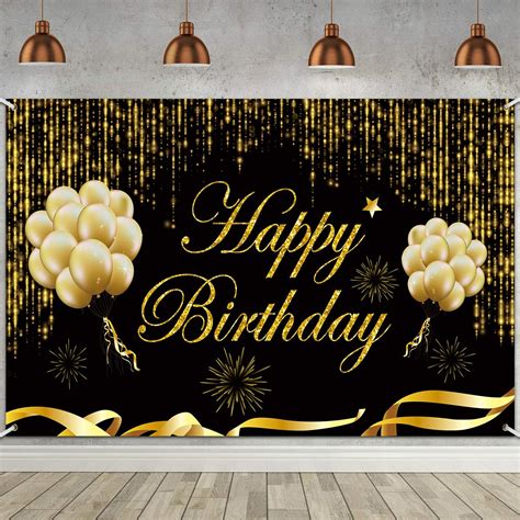 6 X 36ft Happy Birthday Party Backdrop Banner Large Fabric Washable Black Gold Glitter Sign