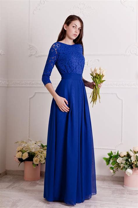 Cobalt Blue Bridesmaid Dress Long Floral Lace Formal Gown Etsy