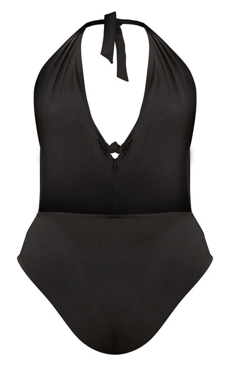 Plus Black Plunge Twist Detail Swimsuit Prettylittlething Ie