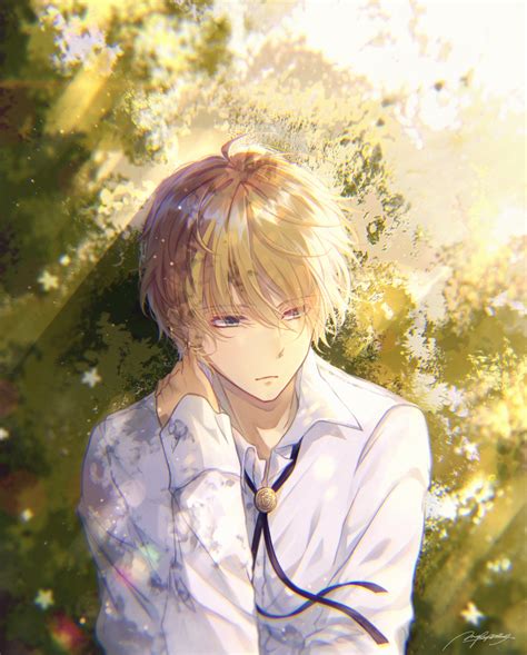 Wallpaper Anime Male Blonde Sunlight White Flowers Shrubbery