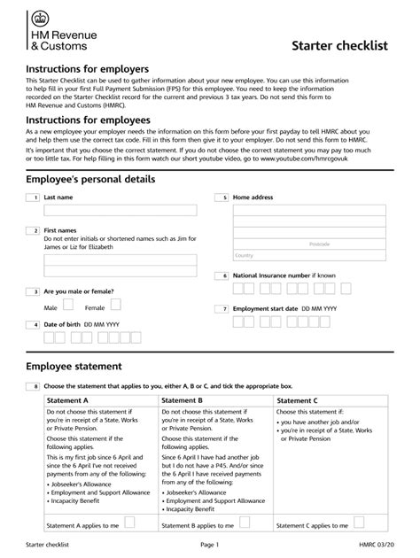2020 Form Uk Hmrc Starter Checklist Fill Online Printable Fillable