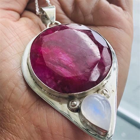 Large Ruby And Moonstone Sterling Silver Necklace Mmruby Etsy