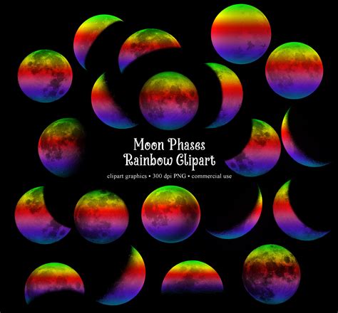 Rainbow Moon Phases Clipart Colorful Moon Clip Art Graphics Etsy
