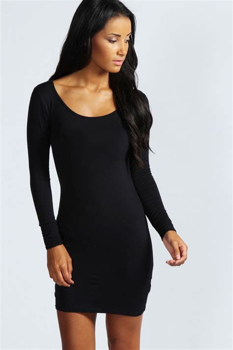 Side ruching and a mini hem complete the look. Boohoo Lucie Long Sleeve Scoop Neck Bodycon Dress, $10 ...