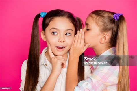 Close Up Photo Two Small Little Age Girls Tell Talk Speak Ear Over Novelty School Homework