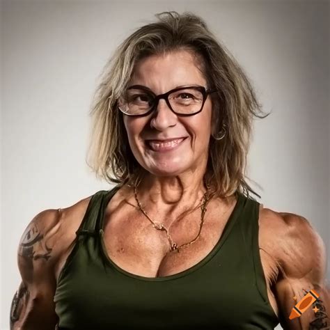 Portrait Of A Mature Female Bodybuilder In Sleeveless Army Uniform On