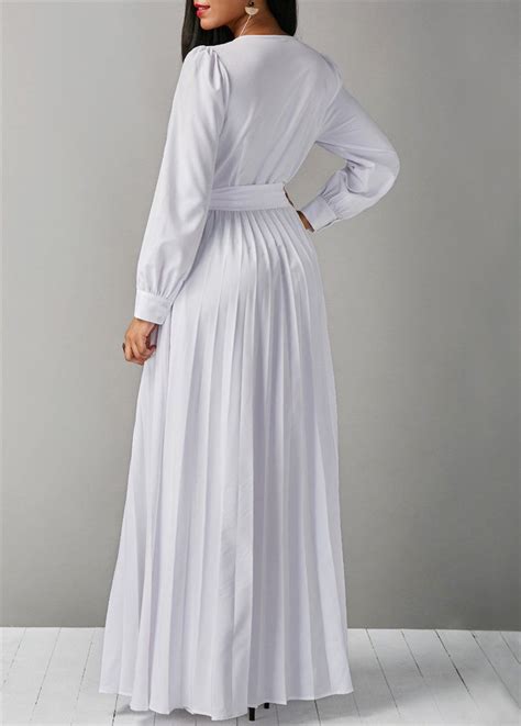 Long Sleeve Plunge Neck Pleated Gown White Long Sleeve Dress Maxi