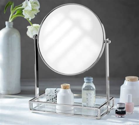 Brass and lucite mirrored vanity tray, can hand on wall as a mirror. Tray with Mirror Vanity Storage | Pottery Barn