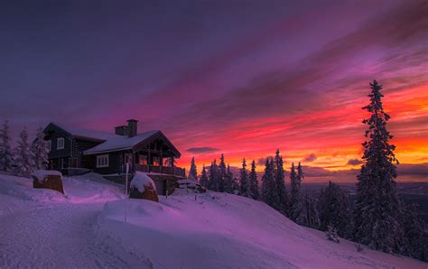 Winter Sunset Clouds Forest Cottage Snow Cold Norway Trees Red