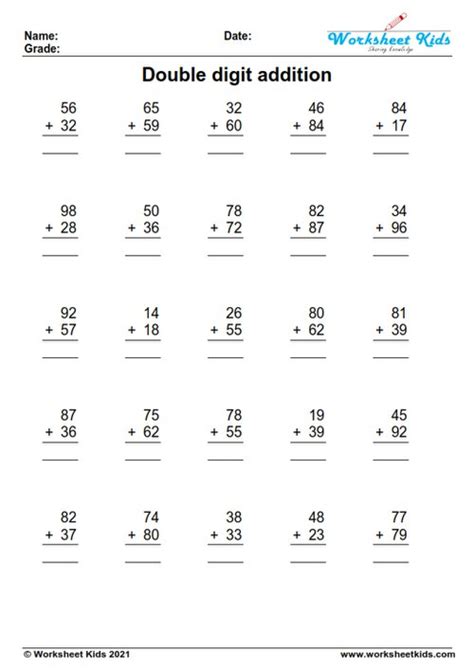 Double Digit Addition With Regrouping Worksheets For 2nd Grade Free Pdf