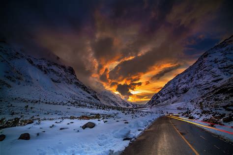 Nature Landscape Road Mountain Sunset Winter Snow Clouds Sky Chile Wallpapers Hd