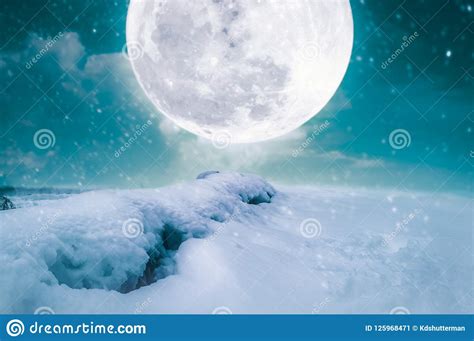 Landscape At Snowfall With Super Moon Serenity Nature Background