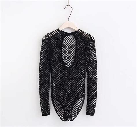 Buy Sexy Hollow Out Backless Mesh Hole Bodysuit Woman O Neck Long Sleeve