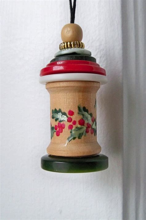 Hand Painted Spool And Button Christmas Tree Ornament Wooden Spool
