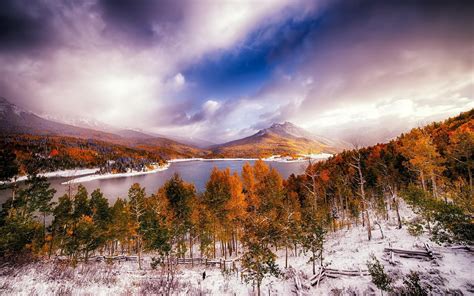 Forest Lake Fall Nature Snow Trees Clouds Landscape