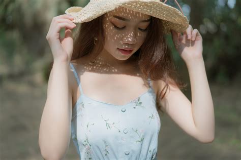 Wallpaper Model Asian Brunette Portrait Closed Eyes Depth Of Field Women With Hats