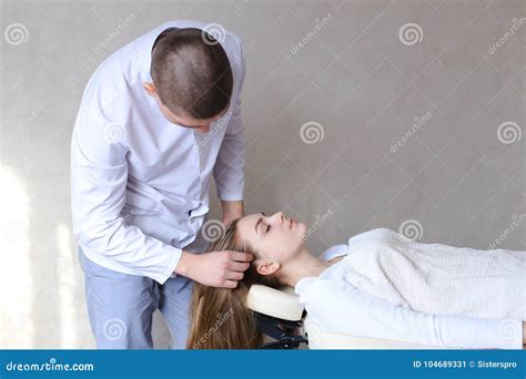 Handsome Guy Massage Therapist Doing Head Massage For Girl Clien Stock Image Image Of