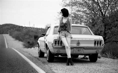 Wallpaper Women Model Black Hair Ford Mustang Sports Car Vintage Car Driving Classic