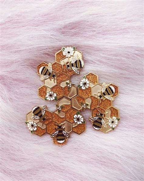 Honeycomb Hard Enamel Pin Floral Glitter Honey Bee Gold Etsy Enamel