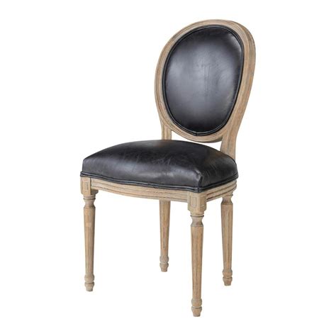 Chaise médaillon en cuir et chêne massif noire Louis  Maisons du Monde