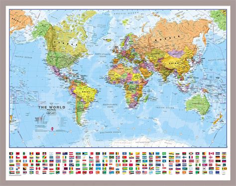 Small World Wall Map Political With Flags Pinboard And Framed Silver