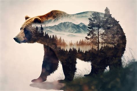 Wondrous Brown Grizzly Bear In Double Exposure With Natural Taiga