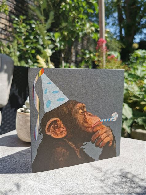 Happy Birthday Chimpanzee Card Party Chimp Chimp Greeting Etsy